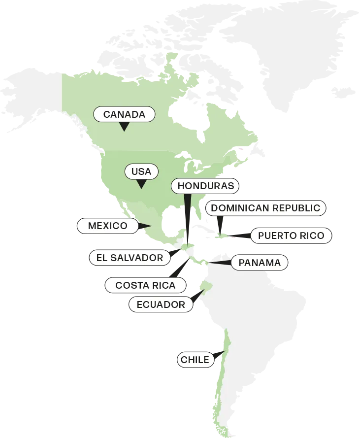 Mapa de ubicaciones Hayan: USA, México y Sudamérica